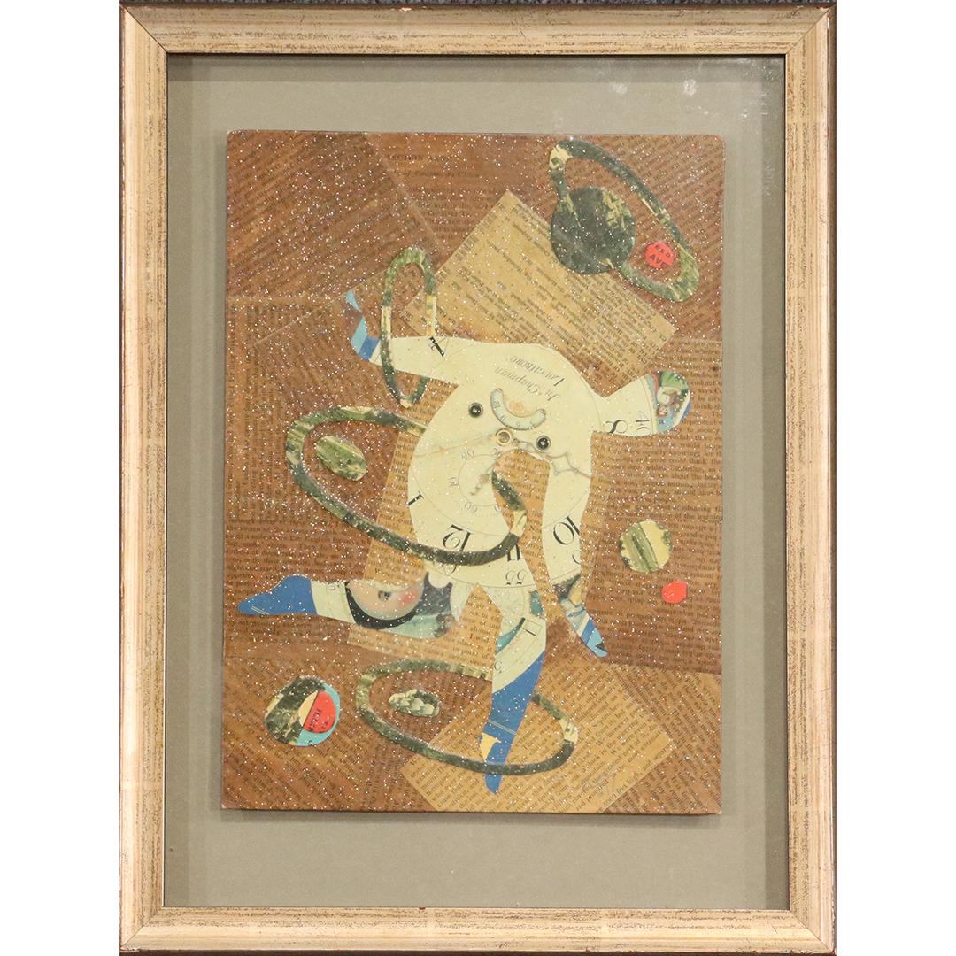 Wayne Cunningham, Collage Titled: Running Thru Time: Wayne Cunningham, Collage Titled: Running Thru Time. Mixed Media Collage, Signed, Framed. Well listed American Artist. size: 12.25x9 image, 17.25x13.25 outside frame. ASKart: Wayne Cunningham (20th Ce