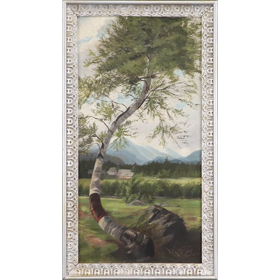 19th C. Oil/c Bending Birch Tree in Landscape: 19th C. Oil/c Bending Birch Tree in Landscape. Oil on canvas painting. Vintage, Framed. size: 25x13 image, 28x15.5 outside frame