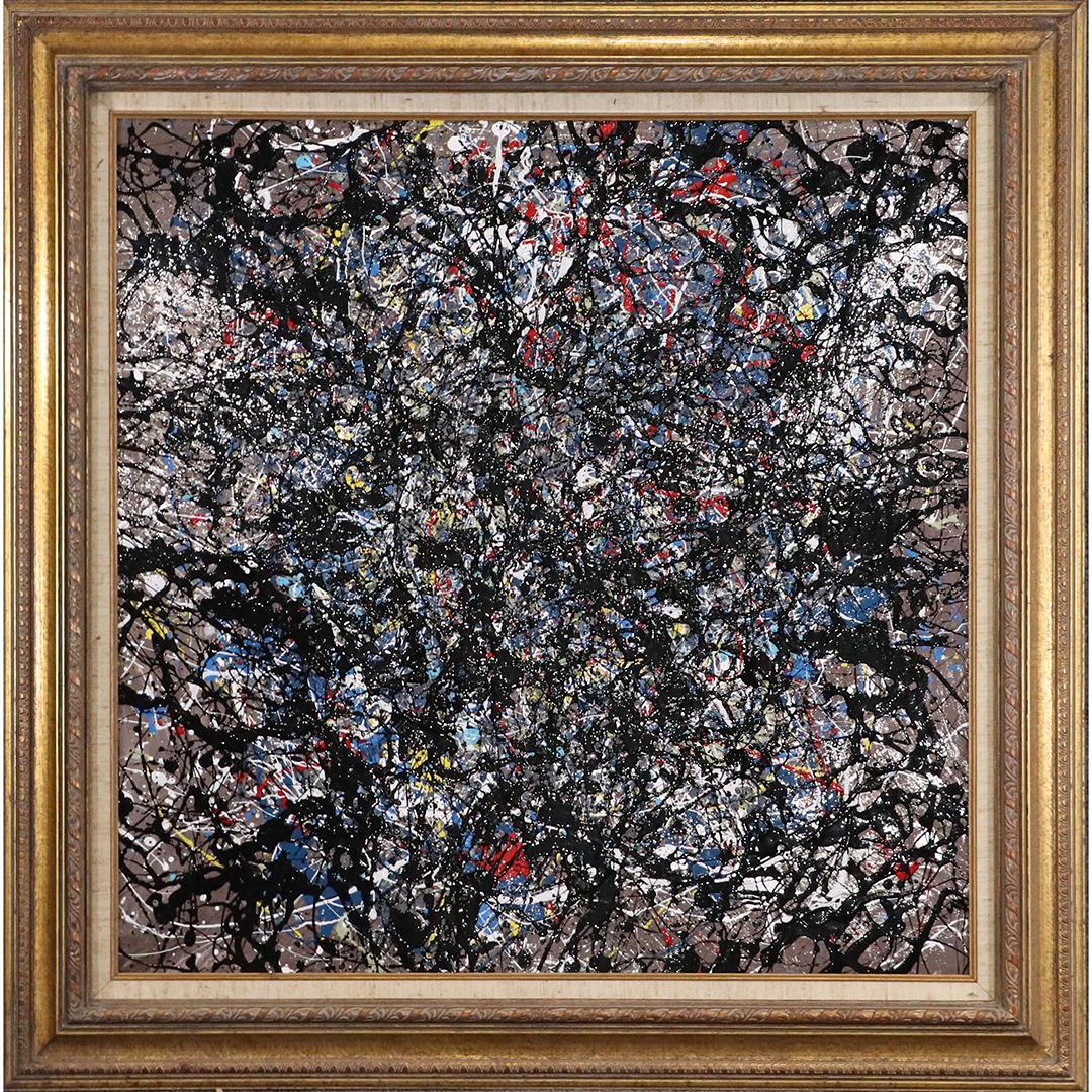 Pulgini after Jackson Pollock, Oil/b Abstract Drip Art: Pulgini after Jackson Pollock, Oil/b Abstract Drip Art. Oil on board painting, Signed on verso, Framed. Popular Philadelphia Area Artist. size: 30x30 image, 37.5x37.5 outside frame
