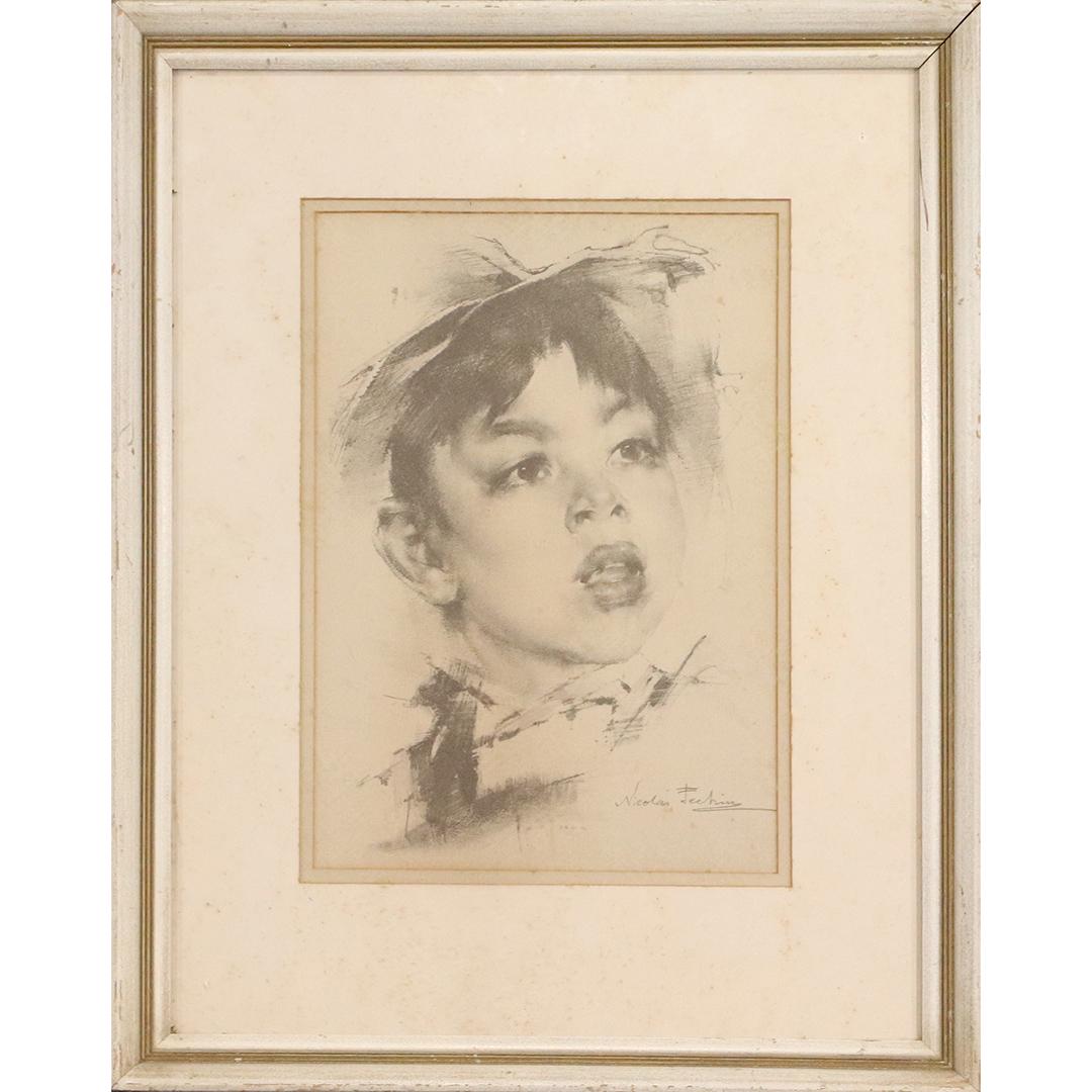Nicolai Fechin, Vintage Lithograph Portrait Young Girl: Nicolai Fechin, Vintage Lithograph Portrait Young Girl, signed in plate, original frame, John Wannamaker label on verso. size: 13x9 image, 21.5x17.25 outside frame. ASKart: Nicolai Fechin (1881 - 1955