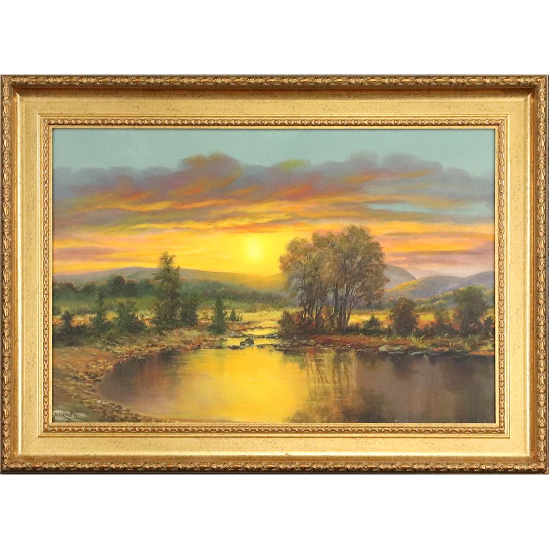 Kristina Nemethy, Oil/b, Sunset Over Lake Landscape: Kristina Nemethy, Oil/b, Sunset Over Lake Landscape. Oil on board painting. Signed K Nemethy. Framed. Listed American Artist. size: 20x30 image, 26.5x36.5 outside frame. ASKart: Kristina Nemethy (20th