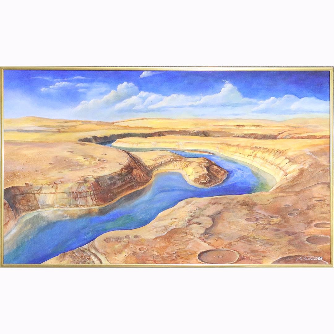 L W Perkins, Acrylic on Masonite Nanendi Valles Mars: L W Perkins, Acrylic on Masonite Nanendi Valles Mars, painting, signed on front and back with title. Framed. size: 13.5x23.5, 14.25x24.25 outside frame