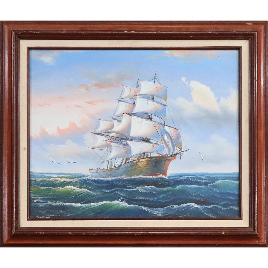Jackson, 20th C Oil/c Full Sail Ship on Seas Painting: Jackson, 20th C Oil/c Full Sail Ship on Seas Painting. Oil on canvas, Signed, Framed. size:16x20 image, 21x25 outside frame