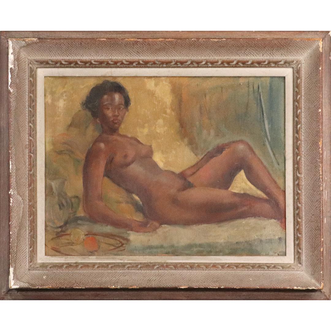 Circa 1940 Oil/b Nude African American Reclining Female: Circa 1940 Oil/b Nude African American Reclining Female. Oil on board painting, unsigned, Vintage, Original frame. Well done painting. size:18x24 image, 26.5x32.5 outside frame