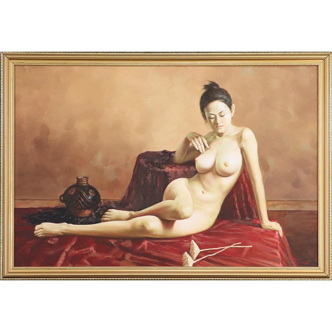 Zhang, Oil/c Beautiful Asian Nude Reclining Female: Zhang, Oil/c Beautiful Asian Nude Reclining Female. Oil on canvas painting, Signed, Original frame. size: 23.75x35.75 image, 26.75x38.5 outside frame