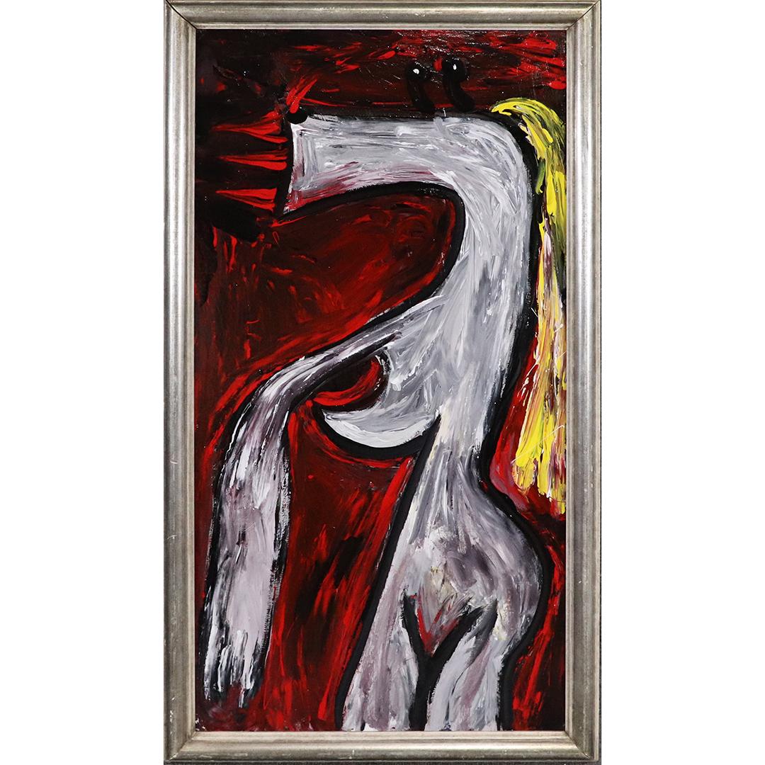 Pulgini after Wifredo Lam Oil/b Abstract Figure: Pulgini after Wifredo Lam Oil/b Abstract Figure. Oil on board painting. Signed on verso, Framed. Popular Philadelphia area artist. size: 40x20 image, 43.25x23.25 outside frame