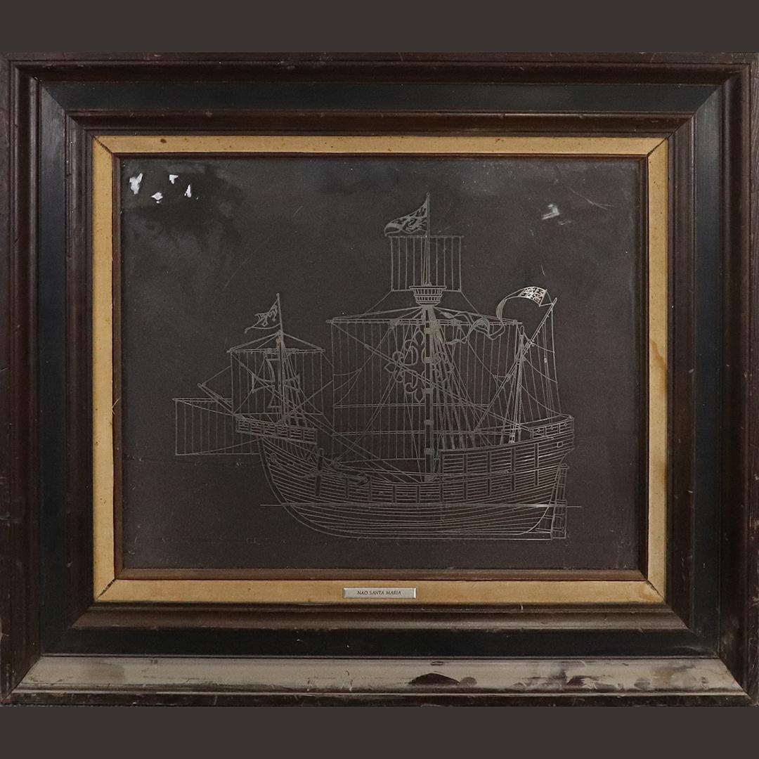 Sterling Silver Art Lines Boat Nao Santa Maria Framed: Sterling Silver Art Lines Boat Nao Santa Maria Framed. Label on back: Sterling Silver. size: 14x18 image, 21.25x25.25 outside frame