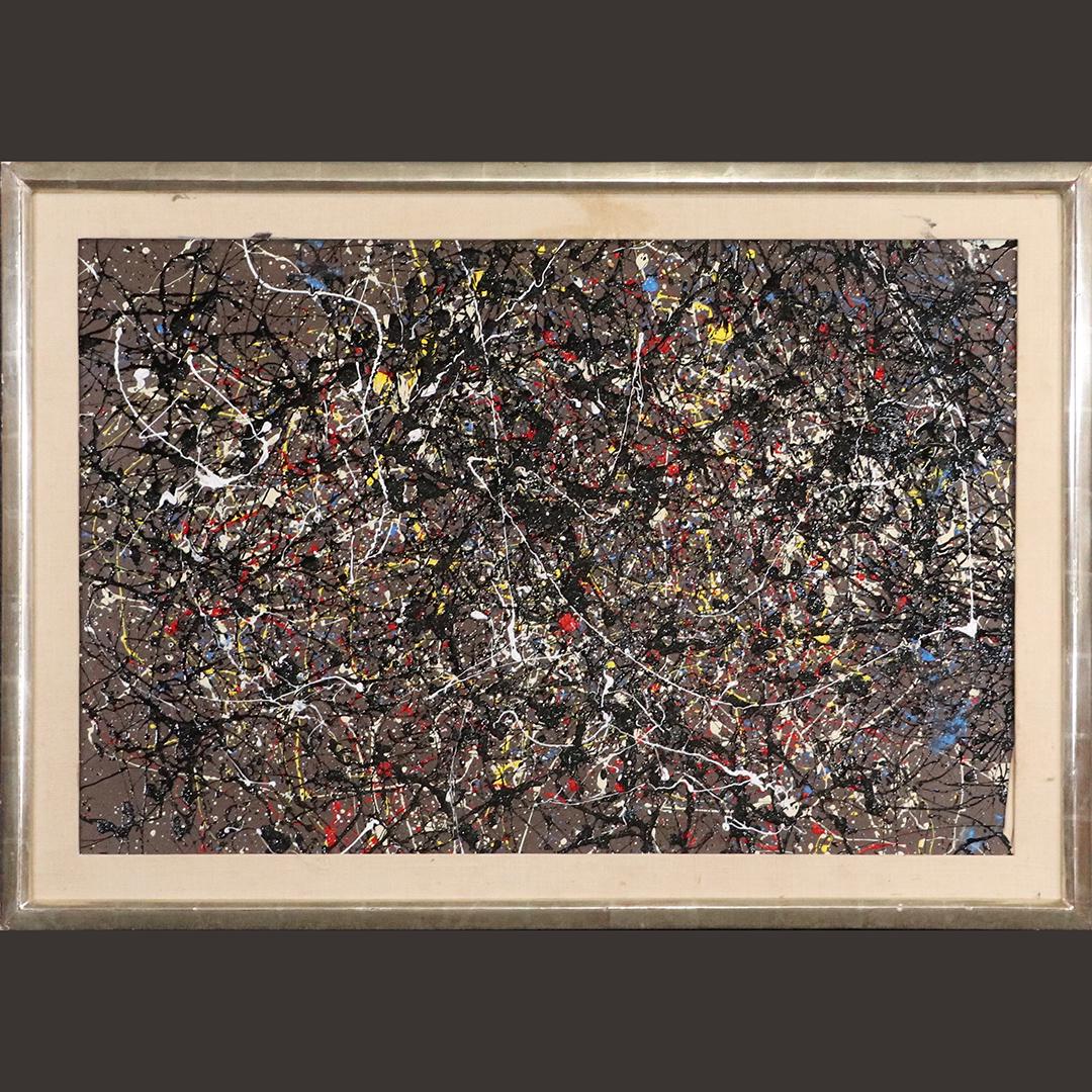 Pulgini after Jackson Pollock, Oil/b Abstract Drip Art: Pulgini after Jackson Pollock, Oil/b Abstract Drip Art. Oil on board, Signed on Verso, Framed. Popular Philadelphia Area Artist. size: 24x36 image, 29.5x41.5 outside frame