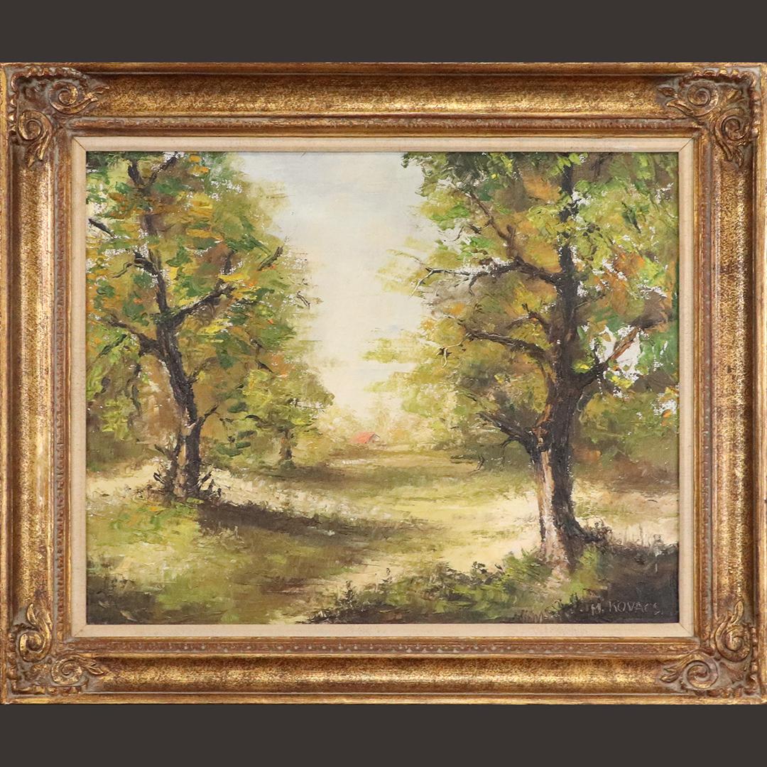 M Kovacs, 1950s Oil/c Summer Landscape with Cottage: M Kovacs, 1950s Oil/c Summer Landscape with Cottage in background. Oil on canvas painting, Signed, Original frame. size: 24x30 image, 31.75x37.75 outside frame