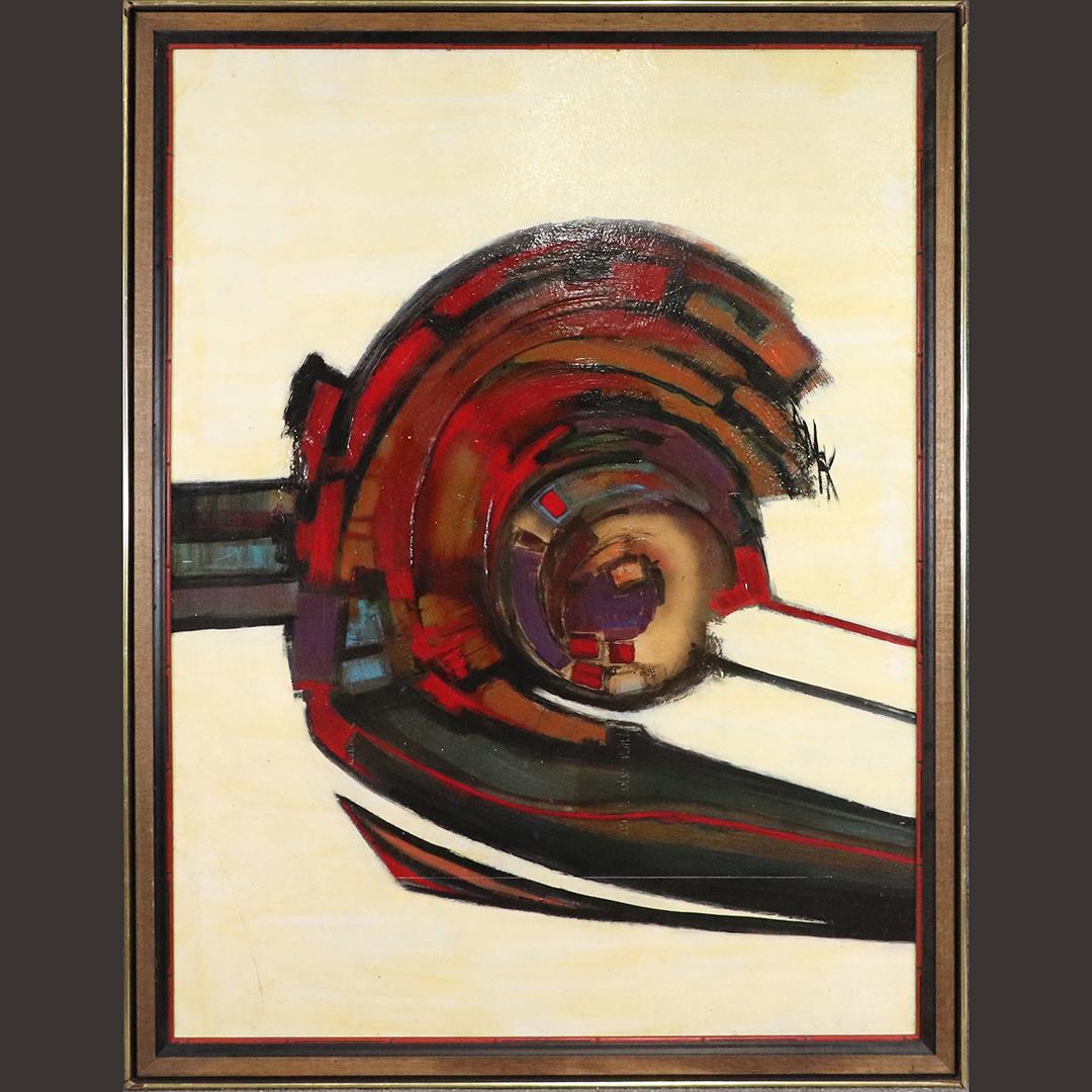 Ruth McKee, Mid-Century "Turbine" Abstract Oil/b: Ruth McKee, Mid-Century "Turbine" Abstract Oil on board painting. signed R McK on front, original framing. High quality art. size: 48x36 image, 52.25x40.25 outside frame