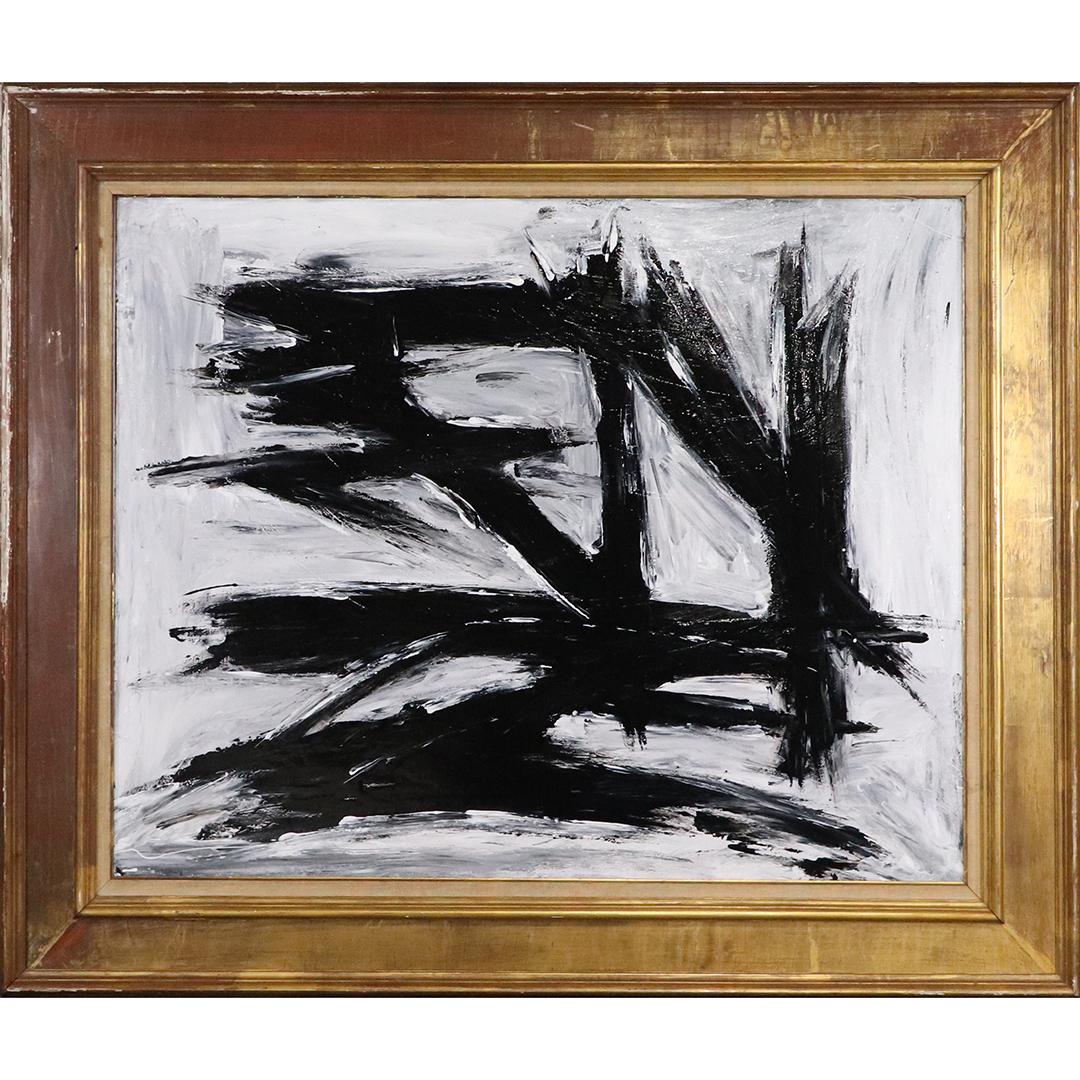 Pulgini after Franz Kline, Oil/b Black Lines on White: Pulgini after Franz Kline, Oil/b Black Lines on White. Strong Image. Oil on board. Signed on verso, Framed. Popular Philadelphia area artist. size: 29x36 image, 37.75x45.25 outside frame