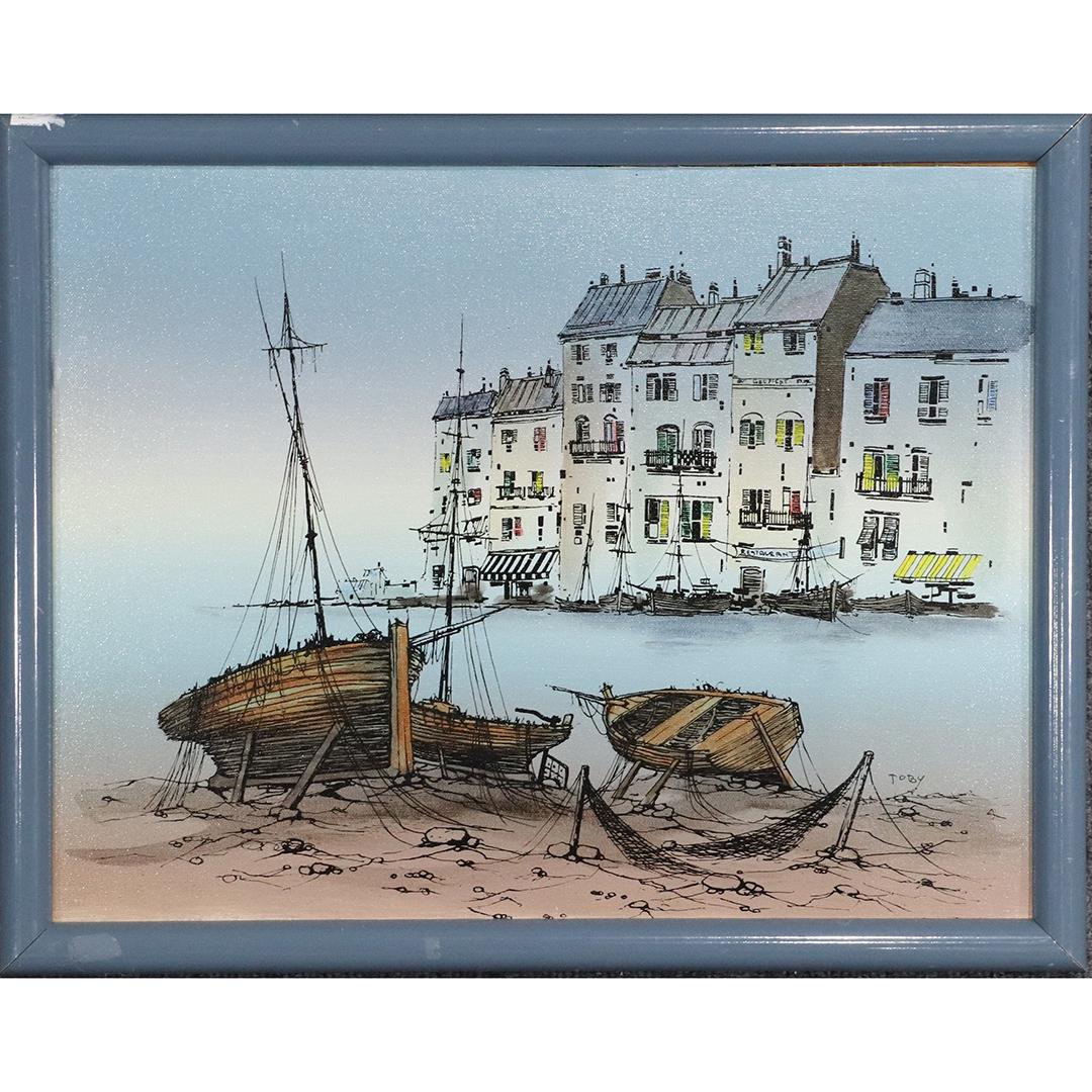 Toby, Oil/b, Mid-Century Coastal Village Boats on Shore: Toby, Oil/b, Mid-Century Coastal Village Boats on Shore. Oil on board painting. Signed. Original framing. Vintage. Size: 14x18, outside of frame: 16x20