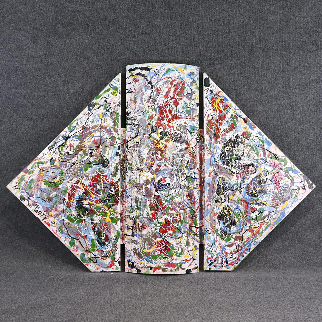 R Monti, Mid-Century Modern Abstract Drip Triptych Art: R Monti, Mid-Century Modern Abstract Drip Triptych Art. Rare art piece for this artist. Oil on canvas, Signed. Popular Philadelphia area Artist. Space Age, Rocket, Atomic. size: 40x59.5x4.5