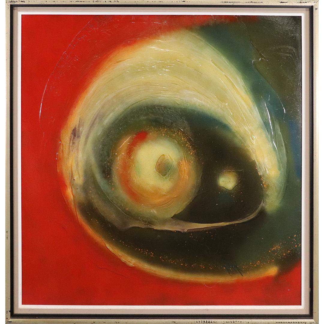 Ruth McKee, "Sky Comet" Mid-Century Abstract Oil/b: Ruth McKee, "Sky Comet" Mid-Century Abstract Oil/b. Large Size. Oil on board Painting. Signed R McK, original framing., Signed Ruth McKee on verso and titled: Sky Comet. size: 36x36 image, 39.25x39.25