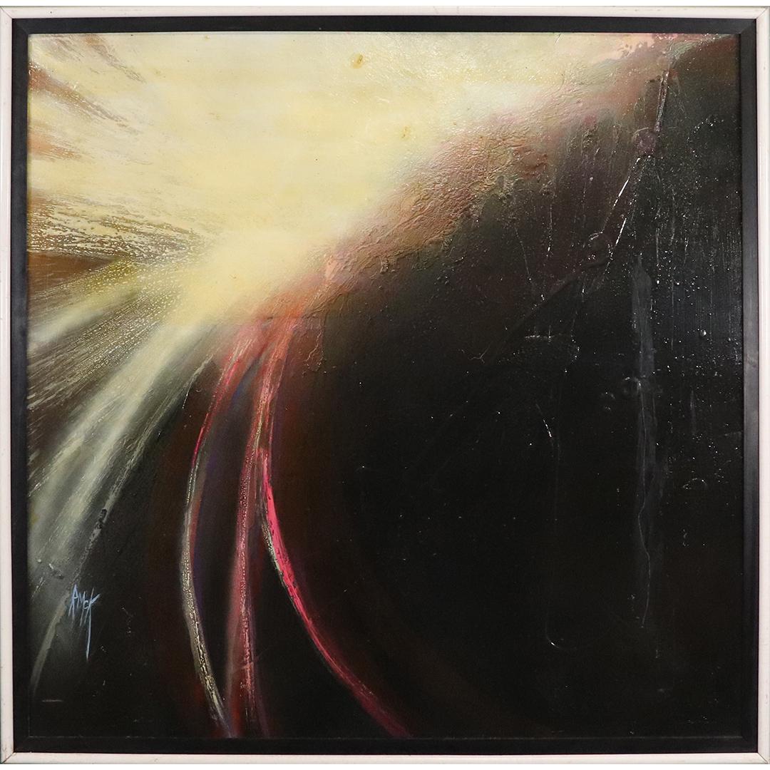 Ruth McKee, "Black & White" Mid-Century Abstract Oil/b: Ruth McKee, "Black & White" Mid-Century Abstract Oil/b. Oil on board painting. Signed: R McK. [Ruth McKee], Titled on verso: Black & White. Framed. Quality abstract art. size: 36x36 image, 38.75x38.75