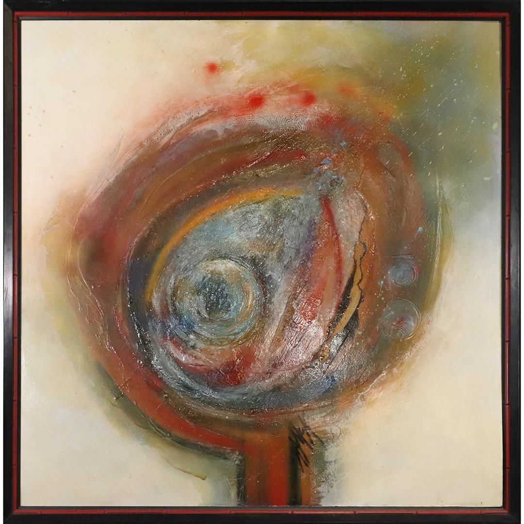 Ruth McKee, "Cosmic Egg" Mid-Century Abstract Oil/b: Ruth McKee, "Cosmic Egg" Mid-Century Abstract Oil/b. Oil on board painting, Signed R McK, signed and titled on back: Ruth McKee COSMIC EGG; original framing. Quality Abstract Art. size: 48x48 image, 5