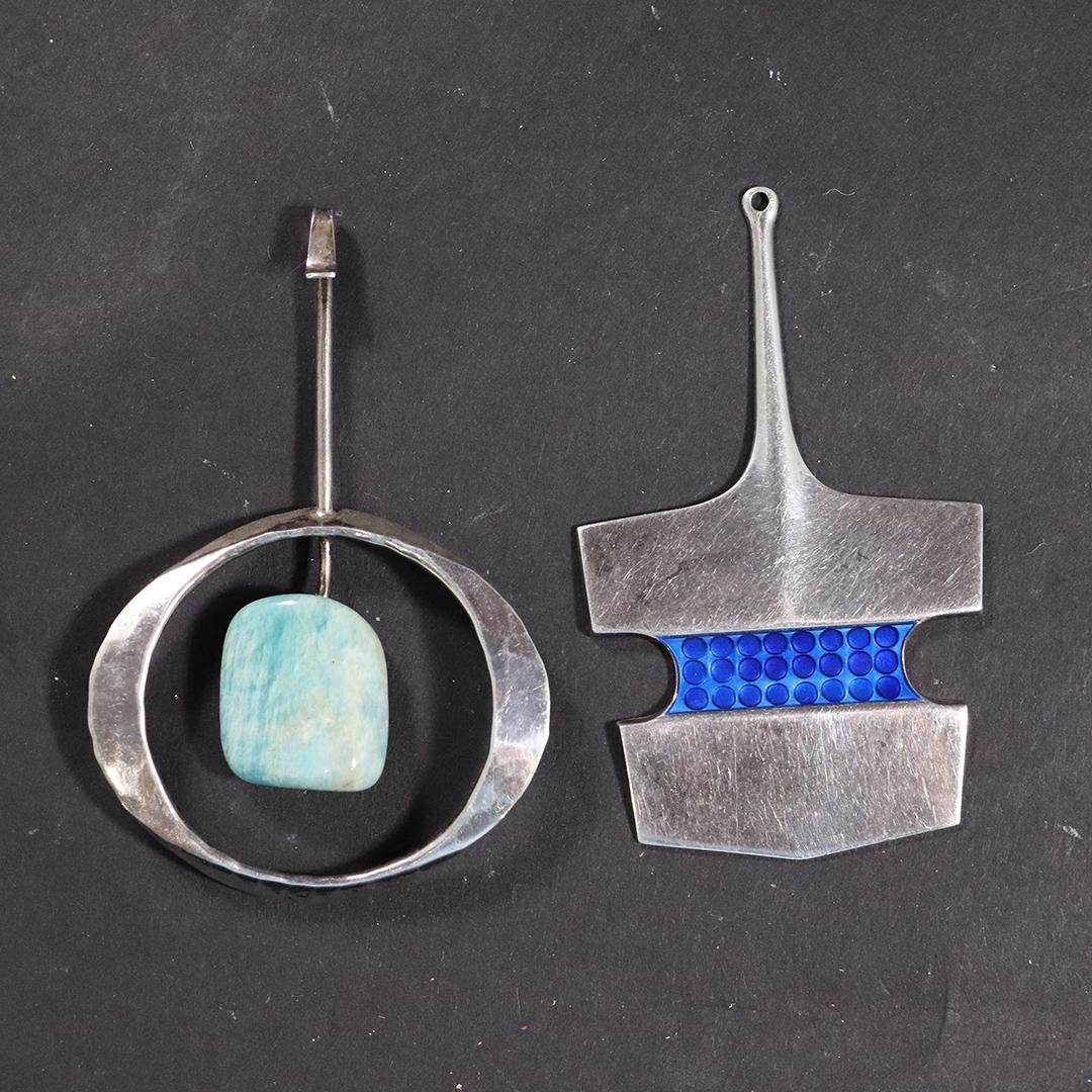 2 DAVID ANDERSON Norwegian Sterling Silver Pendants: 2 DAVID ANDERSON Norwegian Sterling Silver Mid-Century Danish Pendants, Signed and marked. Very Modernism. size: 3.25L x 2w, 3.25L x 2.25w