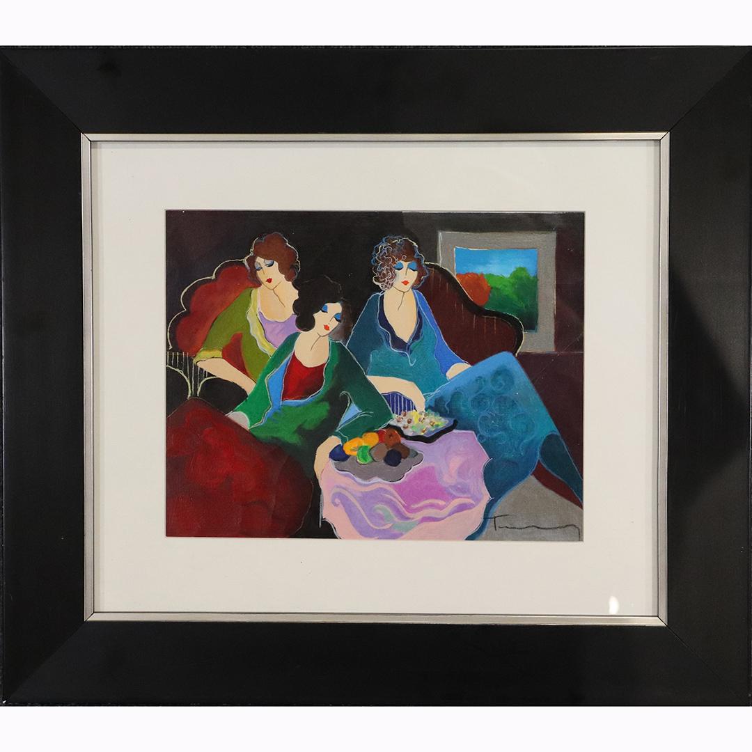 Itzchak Isaac Tarkay ; Embelished Serigraph Signed: Itzchak Isaac Tarkay ; 20thC. Embelished Serigraph Signed. Embellished Serigraph on canvas. Three Women. Signed lower right; 10.5in. X 13.5in.(image), 21in. X 24in.(outside frame)