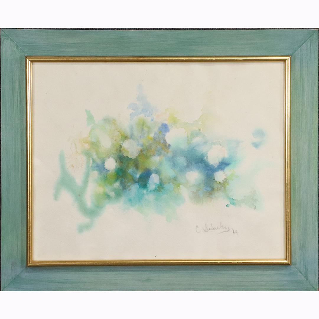 Charles Schucker; Expressionist Watercolor Signed: Charles Schucker; 20thC. Expressionist Watercolor Signed ; Watercolor on paper.Untitled - Abstract Forms. Signed lower right and dated '64; 14.25in. X 18.25in.(image), 18.5in. X 22.5in.(outside frame)