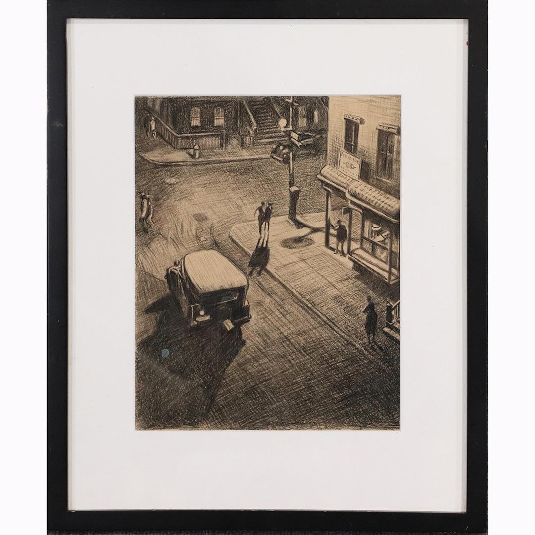 Martin Lewis (attributed to) American Charcoal Drawing: Martin Lewis (attributed to); American Charcoal Drawing unsigned ; Charcoal on paper. Evening Street Corner. Unsigned; 13.5in. X 10.5in.(image), 21in. X 17in.(outside frame)