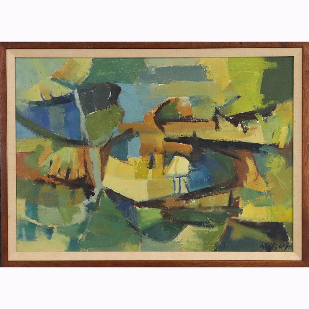 August Gay; 20thC. American Modernist Oil Signed: August Gay; 20thC. American Modernist Oil Signed; Oil on masonite. Mountain Vista - Boat on a Lake. Signed lower right; 20in. X 28in.(image), 22.25in. X 30.25in.(outside frame) California Artist