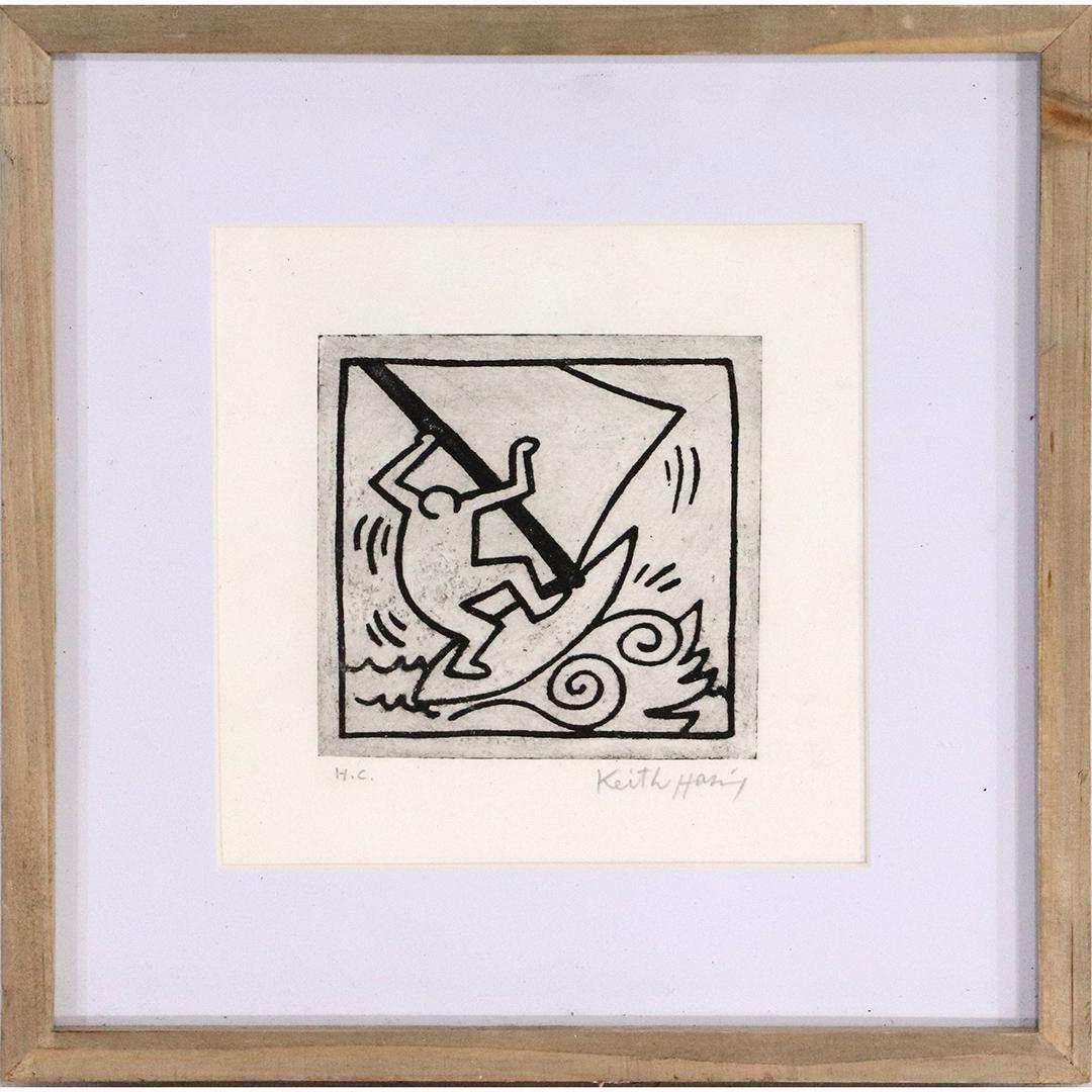 Keith Haring, H C, Pencil Signed Lithograph, Figure: Keith Haring, H C, Pencil Signed Lithograph, Figure Surfing, framed. Size: 4 x 4 square, outside of frame: 10 x 10