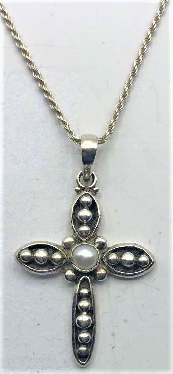.925 Sterling Silver Cross Pearl Akoya on Rope Chain (1 of 5)
