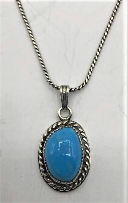 .925 Sterling Silver Turquoise Pendant Necklace: .925 Sterling Silver Turquoise Pendant Necklace. Size: pendant 5/8 in. x 1 in.; chain 16 in. length