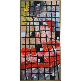 R Monti, Mid-Century Modern Abstract Oil Painting: R Monti, Mid-Century Modern Abstract Oil Painting. Signed R. Monti and with his full name R Monticolo; Oil on canvas painting, Framed. Popular Philadelphia area Artist. Size: 48 x 24