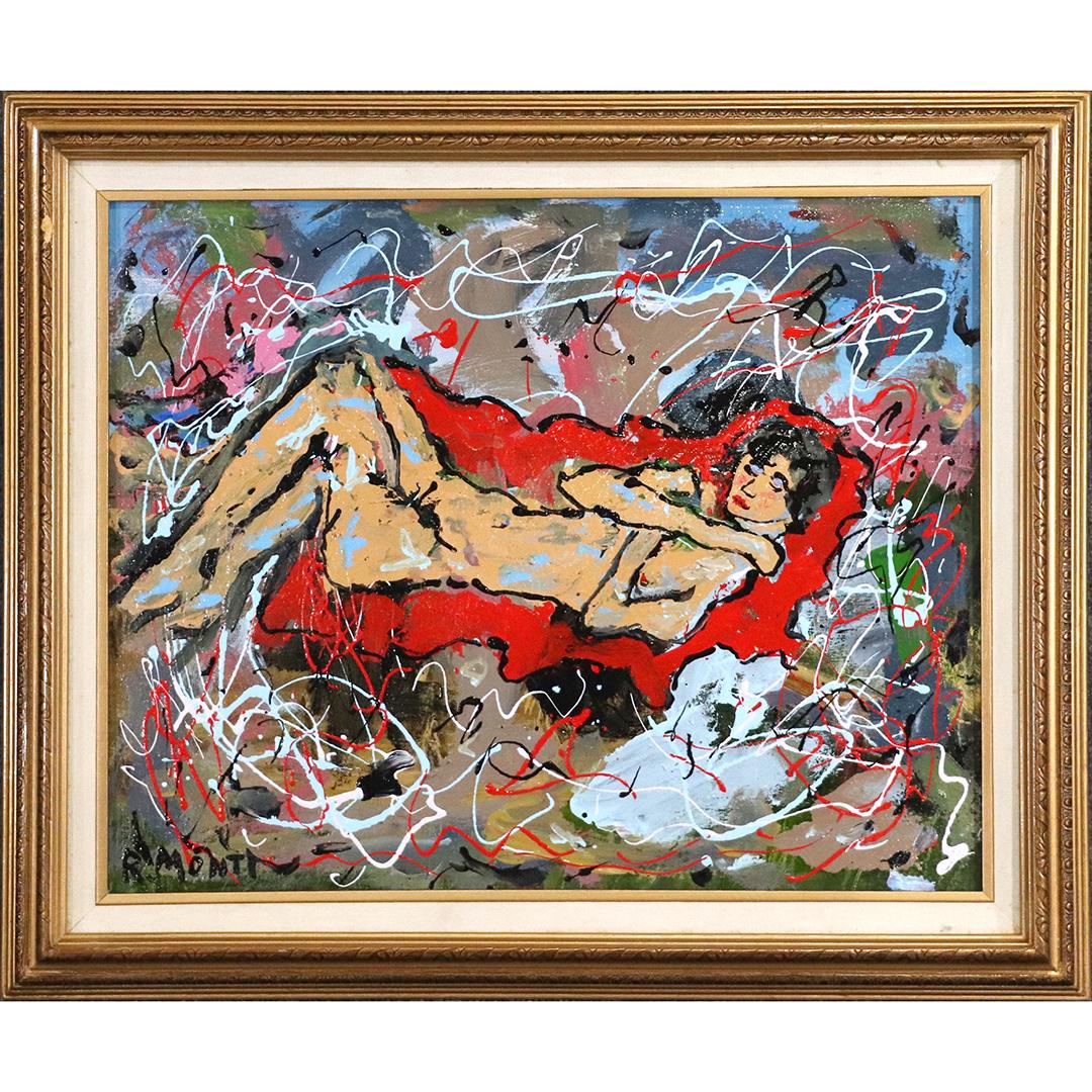 R Monti, Mid-Century Modern Reclining Woman in Abstract: R Monti, Mid-Century Modern Reclining Woman in Abstract, Oil on canvas painting. Signed. Framed. Popular Philadelphia area artist. Size: 16x20 image, 20.5x24.5 outside frame