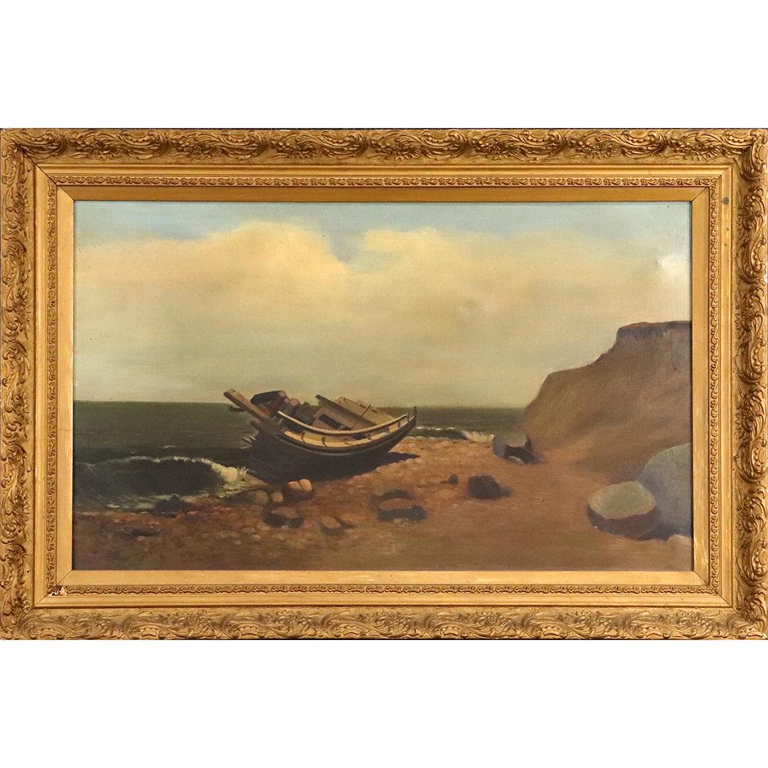 19th C. Oil/c Beached Shipwreck Boat on Shore (1 of 9)