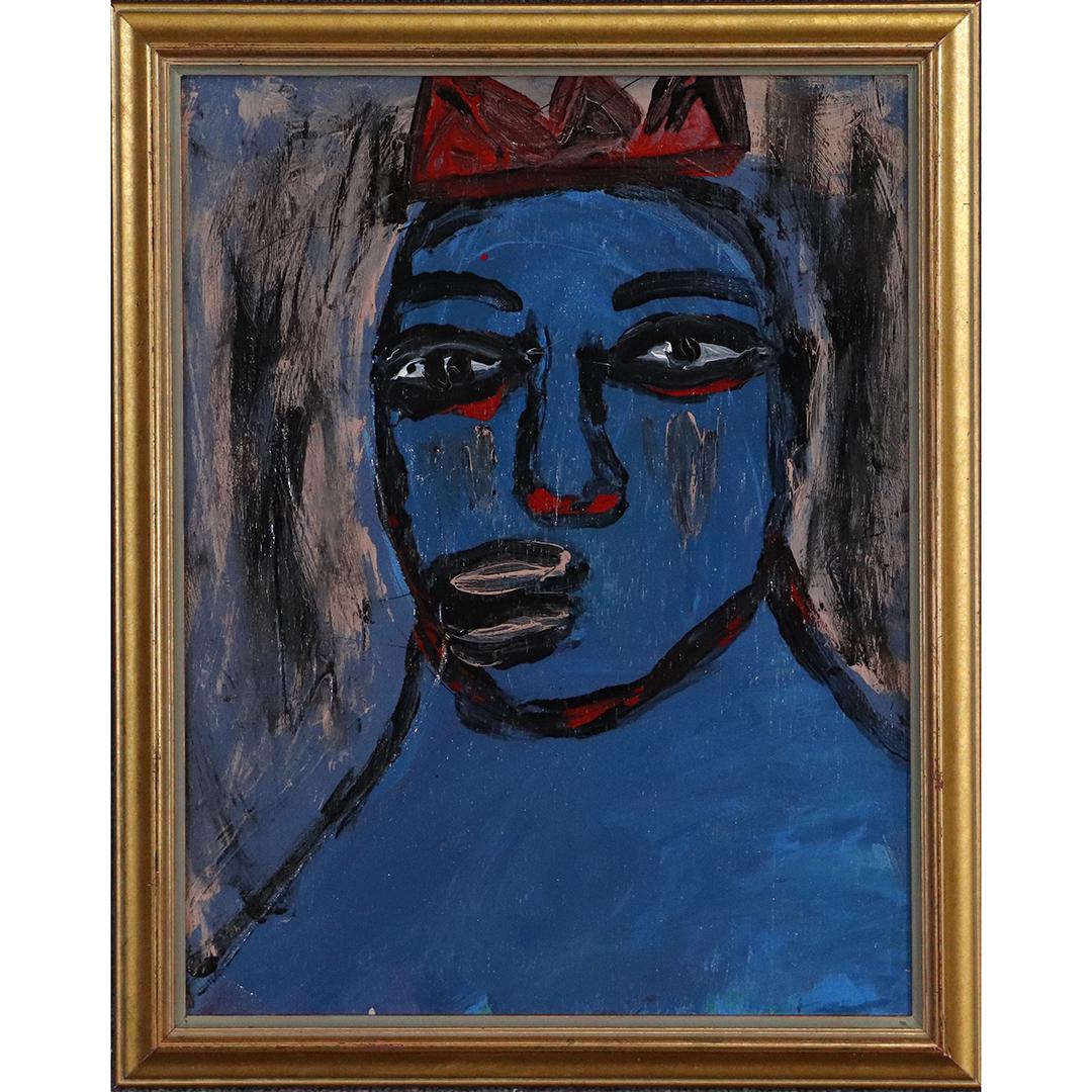 Pulgini, Mid-Century Modern O/b Abstract Blue Man Crown: Pulgini, Mid-Century Modern O/b Abstract Blue Man with Red Crown. Oil on board painting, Singed on verso, Framed. Popular Philadelphia area artist. 14.5 x 18.5 , outside of frame: 20 x 16