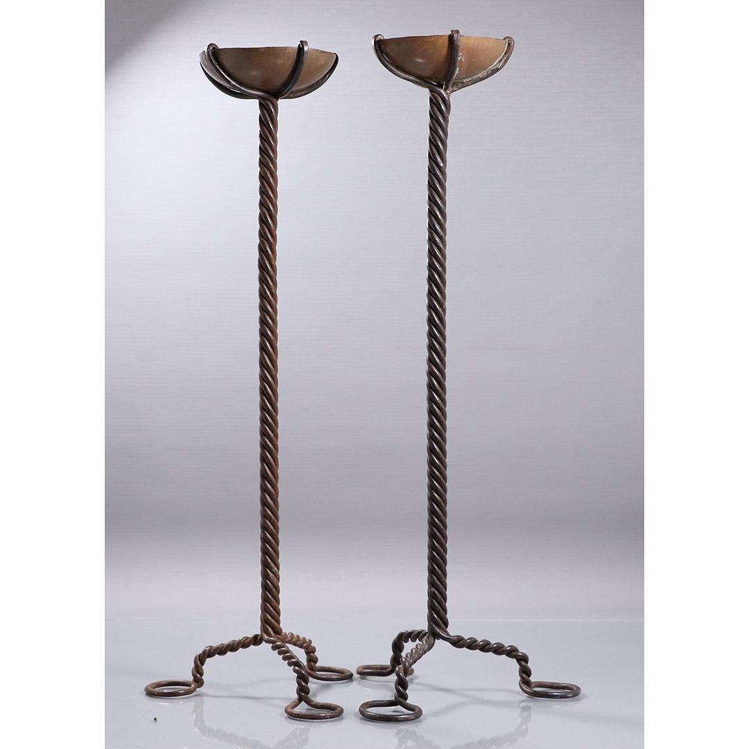 Pair Hand Wrought Twisted iron and Copper Candlesticks (1 of 6)