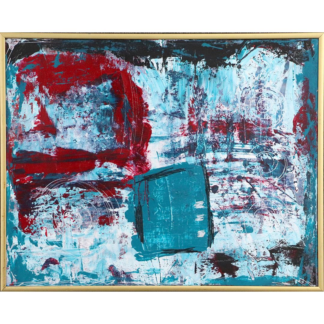 J Wheeler, 20th C. Abstract Blue & Red Oil Painting (1 of 8)