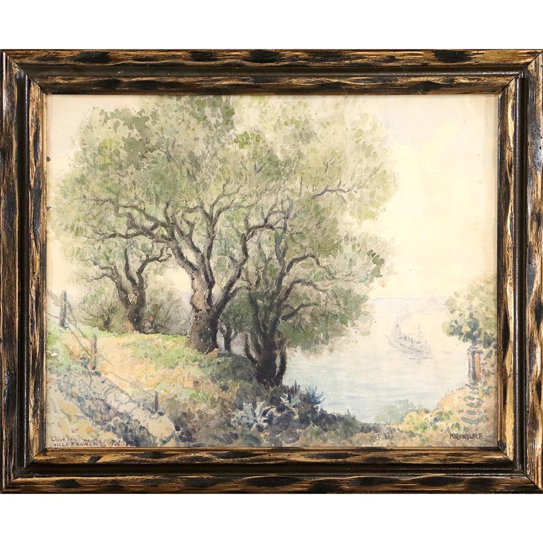William F Krondorf, Oil/b Olive Trees Near Villa France: William F Krondorf, Oil/b Olive Trees Near Villa France. Oil on board painting. Signed and titled. original framing. Well listed Artist. Size: 14x18 image, 17.25x21.25 outside frame. ASKart: William F