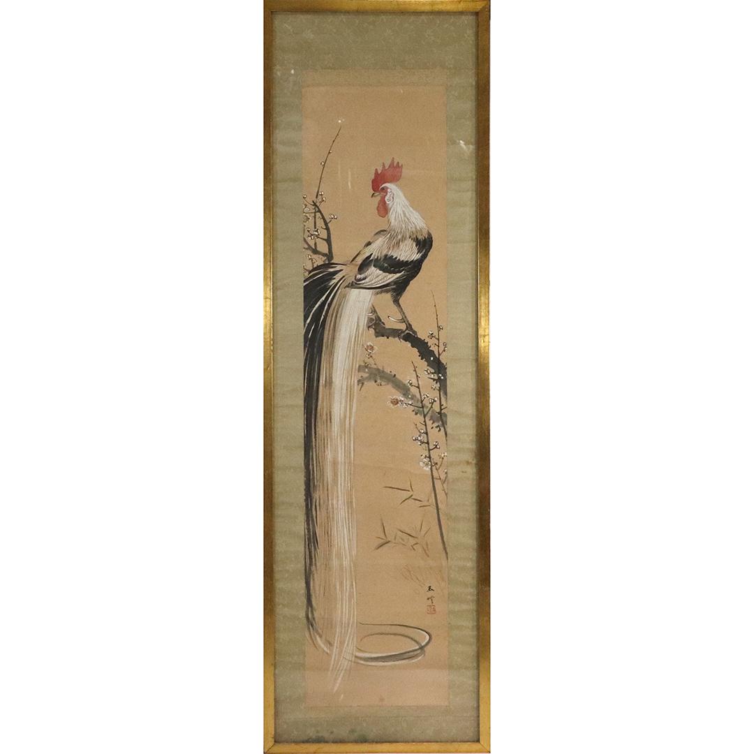 Large Japanese Watercolor Scroll Rooster Signed, Seal (1 of 8)
