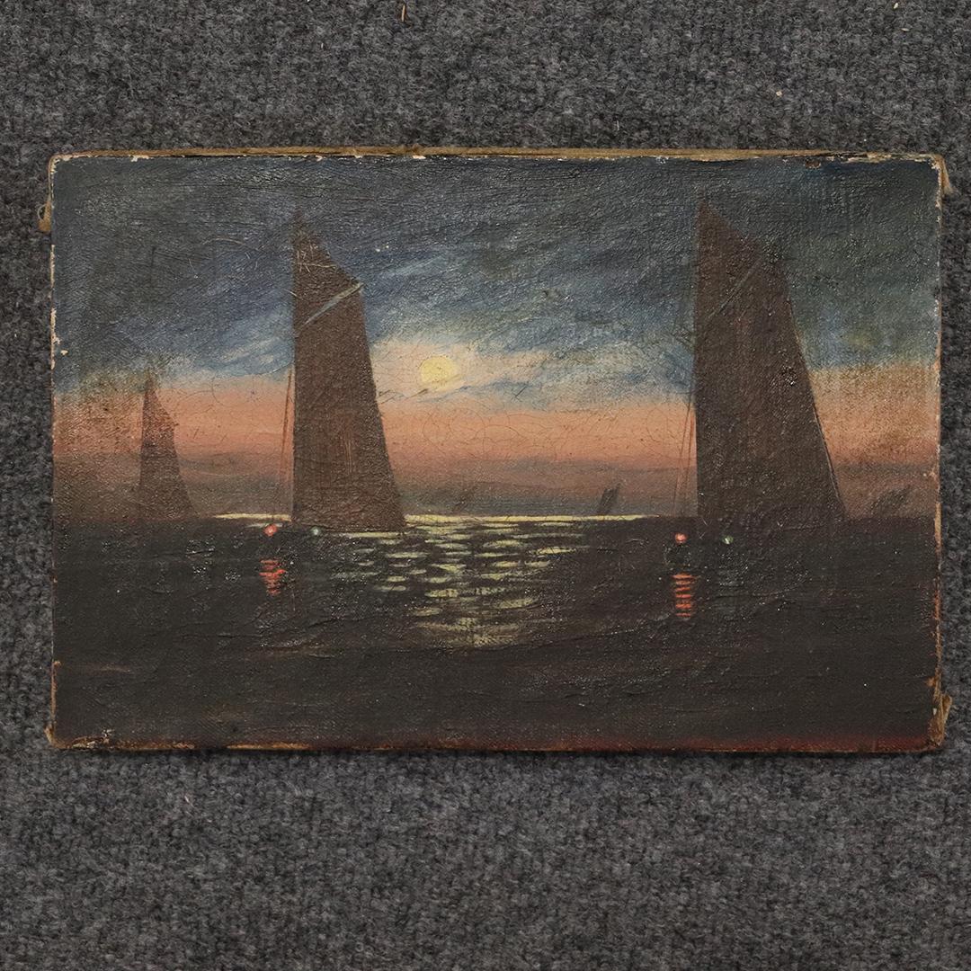 19th C Oil/c Night Time Sail Boats on Seas, Signed: 19th C Oil/c Night Time Sail Boats on Seas, Signed illegible. Oil on canvas painting. unframed. Antique. Size: 8x12