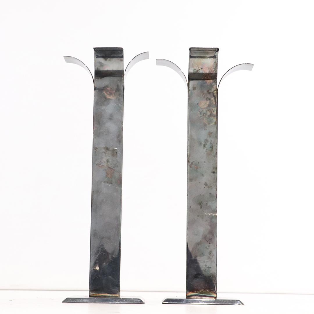 Pair Unique Mid-Century Modern Chrome Tall Candlesticks (1 of 5)