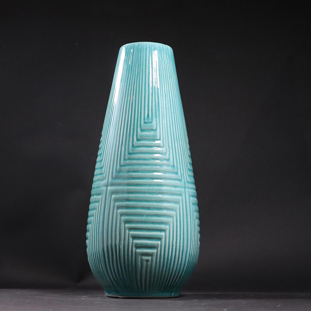 Modern Design Teal Blue Ceramic Vase Stylized Pattern (1 of 5)