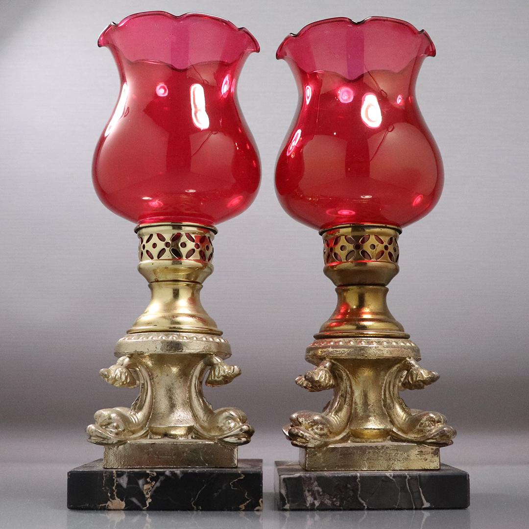 Pair Brass Serpent Base Lamps Cranberry Glass Shades (1 of 7)