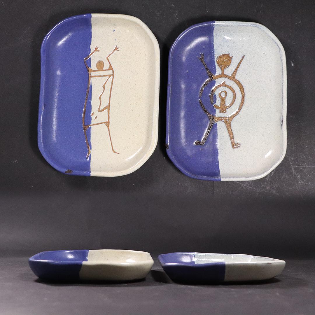 [2] Two Blue & Grey Art Pottery Dishes with Figures (1 of 7)