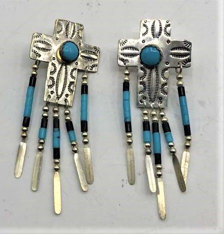 Sterling Silver Cross with Turquoise Earrings: Sterling Silver Cross with Turquoise Earrings. Size: 2.25 in. x 7/8 in.