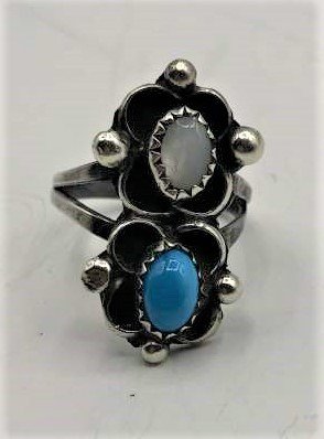 Sterling Silver Turquoise and Moonstone Ring Size 6: Sterling Silver Turquoise and Moonstone Ring Size 6. size: 1 in. x 5/8 in.