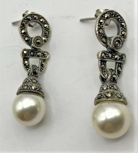Sterling Silver Marcasites & Pearl Drop Earrings: Sterling Silver Marcasites & Pearl Drop Earrings. Size: 1.25 in. x 1/4 in.