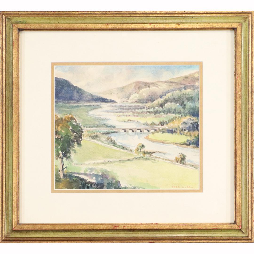 Ifor-O-Fon, Vintage W/c Scottish Landscape with River: Ifor-O-Fon, Vintage W/c Scottish Landscape with River. Watercolor painting, Signed, Original framing. size: 8.5x10 image, 16.5x18 outside frame