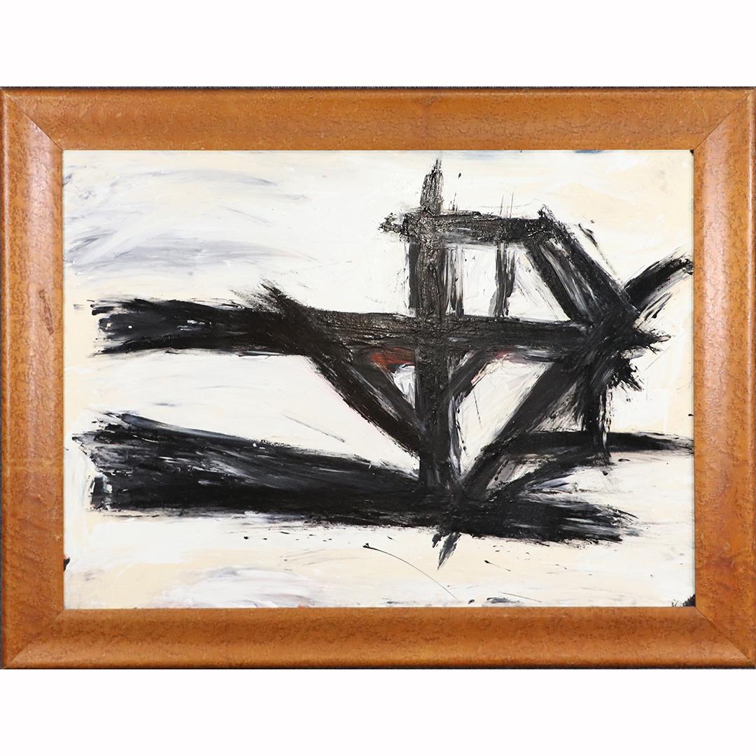 Pulgini after Franz Kline, Oil/b Black Lines on White: Pulgini after Franz Kline, Oil/b Black Lines on White. Oil on board. Signed. Framed. Popular Philadelphia area artist. size: 27.5x37.5 image, 34.5x44.5 outside frame