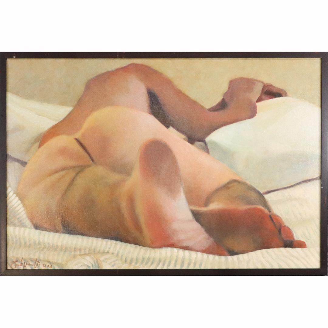Frank Wermuth, Oil/c Gay Art Nude Male on Bed "Lines": Frank Wermuth, Oil/c Gay Art Nude Male on Bed "Lines". Oil on canvas painting Signed front and back, titled: Lines. Fine quality painting. Framed. size: 24x36 image, 25x37 outside frame