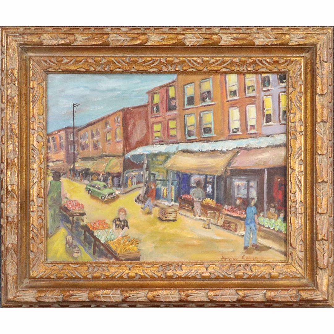 Herman Cohen, Vintage O/c Quaint Village Street Market: Herman Cohen, Vintage O/c Quaint Village Street Market. Oil on canvas painting, Signed, Framed. size: 14x18 image, 20.5x24.5 outside frame