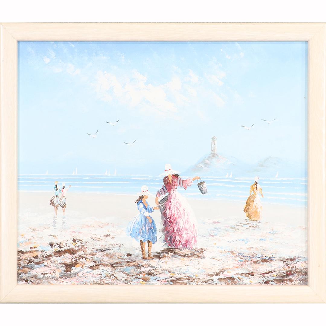 Marie Charlot, France, 20th C. Oil/c Figures on Beach: Marie Charlot, France, 20th C. Oil/c Figures on Beach. Oil on canvas painting, Signed, original frame. Well listed French artist. size: 20x24 image, 22.25x26.25 outside frame. ASKart: Marie Charlot (2