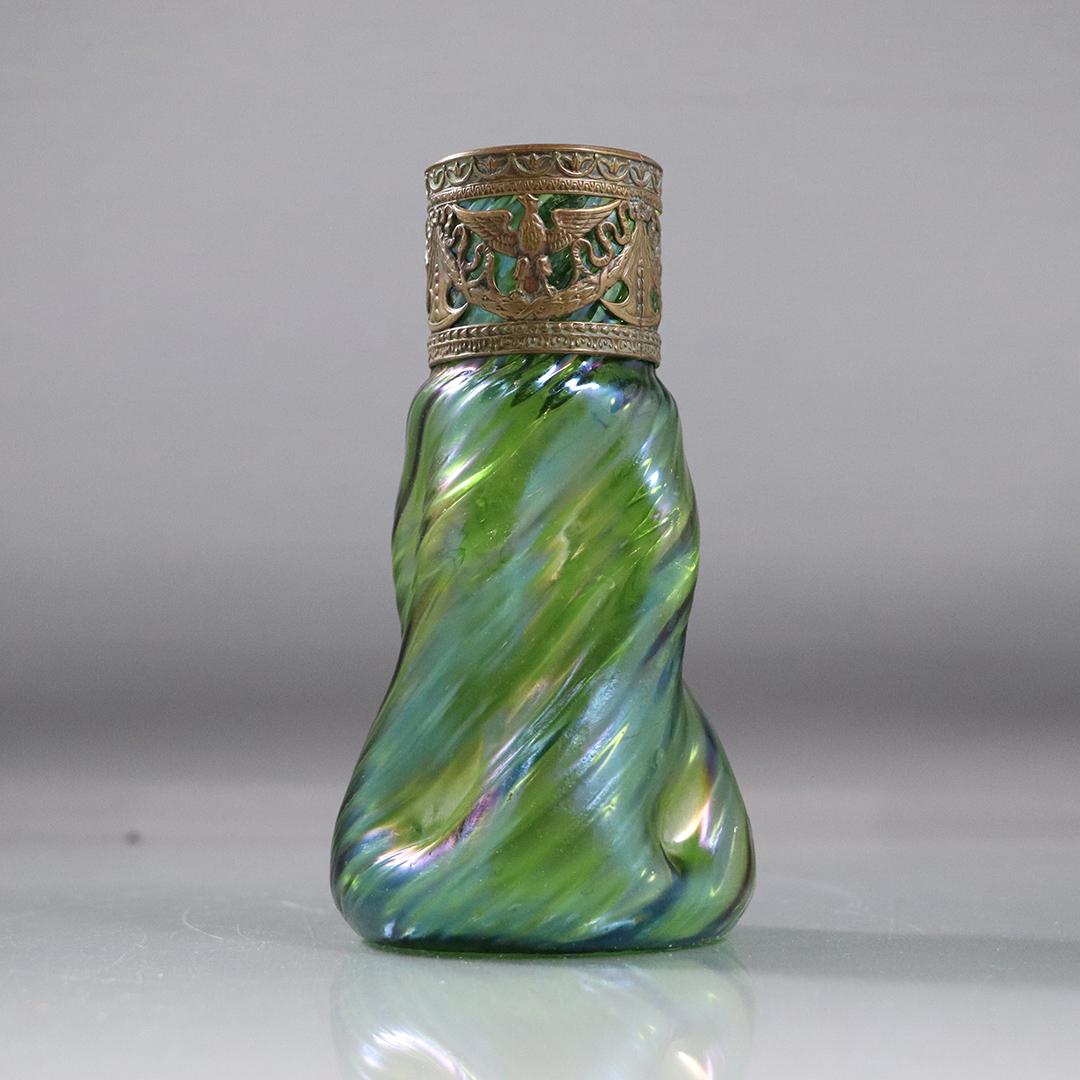 Antique Green Loetz Art Glass Vase Fancy Brass Collar: Antique Green Loetz Art Glass Vase with Fancy Brass Collar Top. size: 6.5h x 3.5w